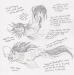 ambiguous_gender duo feral fin gills horn lore lure_(anatomy) mane pupils sharp_teeth simple_background slit_pupils tail teeth text white_background ed_mortis fluffy_pony fluffy_pony_(species) mammal marine seafluff 2022 concept_art english_text graphite_(artwork) greyscale handwritten_text monochrome sketch sketch_page traditional_media_(artwork)