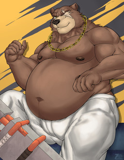 anthro belly biceps big_belly bottomwear brown_body brown_fur chain_necklace clothing deltoids eye_scar facial_scar fur jewelry male musclegut muscular muscular_arms muscular_male navel necklace nipples pants pecs scar solo zeed_bullwolf mihoyo zenless_zone_zero ben_bigger bear mammal hi_res
