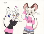 admiring anthro black_bottomwear black_clothing black_pants black_topwear blue_sclera blush blush_lines bottomwear buckteeth cheek_tuft clothing dialogue duo ear_markings ear_tuft eyebrow_piercing eyeliner facial_piercing facial_tuft female fur head_tuft heart_symbol hotpants jewelry legwear lgbt_pride long_sleeves makeup necklace nervous_smile orange_eyes pants piercing pink_nose pink_tail pride_colors shorts sparkles star_symbol stockings sweater tail tan_body tan_fur teeth thigh_highs topwear transgender_pride_colors tuft whiskers white_body white_fur supersly-mouseguy riley_the_infamouse infamouse mammal mouse murid murine rodent absurd_res hi_res signature trans_(lore) trans_woman_(lore)