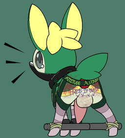 anal anal_penetration backsack balls bdsm bodily_fluids body_writing bondage bound buttplug clothing collar cuff_(restraint) feral footwear gag gagged genitals green_background harness legwear male male_penetrated muzzle_(object) muzzled penetration penis plug plug_(sex_toy) rear_view restraints rope sex_toy shackles simple_background socks solo spreader_bar tears whip_mark writing_on_butt booklesslibrary nintendo pokemon deerling generation_5_pokemon pokemon_(species) summer_deerling
