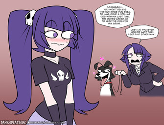 alternative_fashion big_breasts black_clothing blush bodily_fluids bottomwear breasts clothed clothing collar dialogue eyelashes female feral goth group hair heart_symbol human_focus leash leashed_collar not_furry_focus pigtails pupils purple_eyes purple_hair simple_background smile speech_bubble sweat text tongue tongue_out topwear trio dankodeadzone canid canine canis domestic_dog human mammal english_text