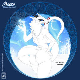 anthro big_breasts big_butt blue_eyes breasts butt candy candy_cane dessert female food fur horn looking_at_viewer looking_back looking_back_at_viewer nude rear_view smile snow snowing solo tail text thick_tail white_body white_fur walter_sache meera synx 1:1 2014 absurd_res alpha_channel dated digital_media_(artwork) english_text hi_res