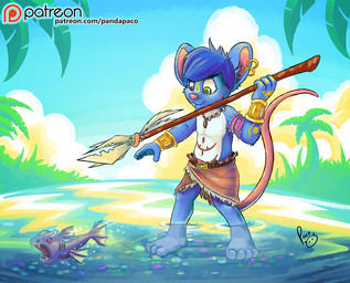 anthro blue_body blue_fur blue_hair clothed clothing day duo ear_piercing ear_ring fishing fur glistening glistening_eyes green_eyes hair heterochromia holding_melee_weapon holding_object holding_polearm holding_spear holding_weapon jewelry male male_anthro markings melee_weapon mouth_closed necklace outside palm_tree partially_submerged piercing plant polearm red_eyes red_markings ring_piercing short_hair spear spearfishing standing topless tree weapon white_body white_fur pandapaco chopper_atbong aquatic fish mammal mouse murid murine rodent