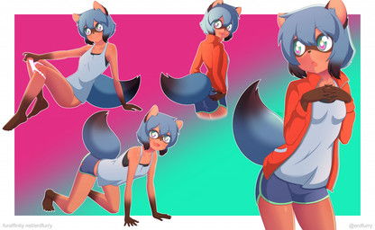 5_toes anthro barefoot breasts brown_body brown_fur butt claws clothed clothing cute_fangs fangs feet female fur fur_markings gloves_(marking) kneeling looking_at_viewer looking_back markings panties plantigrade rear_view small_breasts smile solo teeth toes underwear undressing willfurr brand_new_animal studio_trigger michiru_kagemori canid canine mammal raccoon_dog tanuki