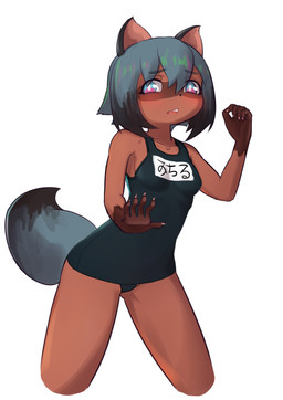 5_fingers anthro black_body black_fur black_hair black_nose blue_body blue_eyes blue_fur blue_hair blush breasts brown_body brown_fur clothed clothing female fingers fluffy fluffy_tail fur hair looking_at_viewer multicolored_body multicolored_eyes multicolored_fur multicolored_hair one-piece_swimsuit pink_eyes school_swimsuit small_breasts solo swimwear tail thaiduongngo72 brand_new_animal studio_trigger michiru_kagemori canid canine mammal raccoon_dog tanuki absurd_res hi_res portrait three-quarter_portrait