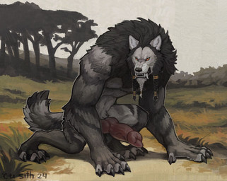 animal_genitalia animal_penis anthro canine_genitalia canine_penis claws erection evil_grin field fluffy forest forest_background fur genitals grey_body grey_fur knot male male_anthro nature nature_background penis pigtails plant smile solo tree cu_sith_(artist) mythology mjodvitnir canid canine canis mammal mythological_canine mythological_creature werecanid werecanine werecreature werewolf wolf 2024