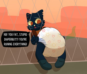 anthro black_body black_fur clothed clothing diaper female fur orange_eyes pooped smelly soiled soiled_diaper solo stuck stuck_in_fence unclean_diaper used_diaper wearing_diaper whiskers nyxiettenyxstar night_in_the_woods mae_borowski domestic_cat felid feline felis mammal