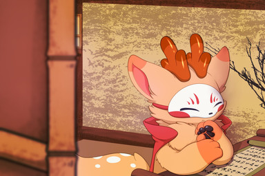 anthro cape clothing fur kemono male mask orange_body orange_fur pawpads reading red_cape red_clothing scroll solo hirochanu fabulous_beasts sibuxiang_the_deer_(fabulous_beasts) deer mammal 2026 3:2 hi_res