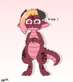 after_transformation blonde_hair bodily_fluids claws crying cute_fangs fangs female feral hair horn pupils red_body red_eyes red_scales scales shaking sharp_teeth simple_background slit_pupils solo tears teeth white_background ayvieart dragon_hrt_(series) patient_(dragon_hrt) kobold scalie signature