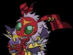 antennae_(anatomy) anthro drinking ear_piercing ear_ring green_eyes grin juice_box male piercing red_body ring_piercing sharp_teeth smile solo spikes teeth impyznso bandai_namco digimon arthropod banchostingmon insect alpha_channel