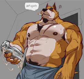 abs after_masturbation annoyed anthro armpit_hair barazoku beard biceps bodily_fluids body_hair broken_sex_toy brown_body brown_fur chest_tuft cigarette cigarette_in_mouth cum cum_drip cum_in_sex_toy cum_on_sex_toy cum_string dialogue dripping eye_scar facial_hair facial_scar fur genital_fluids happy_trail holding_object holding_penetrable_sex_toy holding_sex_toy inside low-angle_view male muscular muscular_anthro muscular_male navel nipples object_in_mouth pecs penetrable_sex_toy pubes scar sex_toy smoking solo tan_body tan_fur teeth text towel towel_only tuft joelbearb canid canine canis mammal wolf english_text hi_res