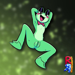 anthro big_eyes blurred_background bodily_fluids bow_tie feet female genitals green_body hands_behind_head hands_behind_own_head humanoid_genitalia humanoid_vulva looking_at_viewer membrane_(anatomy) mismatched_genitalia mismatched_vulva raised_arms smile solo sweat sweaty_armpit sweaty_arms sweaty_legs sweaty_thighs toes vulva webbed_feet raunchyriot glitch_productions the_amazing_digital_circus ribbit_(tadc) amphibian frog 2026 digital_drawing_(artwork) digital_media_(artwork) english_description