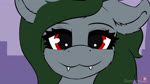 blinking fangs female feral green_hair grey_body hair horn looking_at_viewer red_eyes smile smiling_at_viewer solo teeth tongue tongue_out darbedarmoc hasbro my_little_pony mythology fan_character minerva_macabre equid equine horse mammal mythological_creature mythological_equine pony unicorn animated hi_res webm