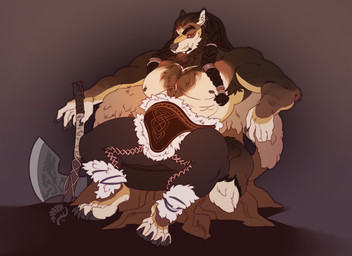 4_toes 5_fingers anthro axe barefoot bottomwear braided_hair brown_body brown_fur brown_hair brown_nose claws clothed clothing feet finger_claws fingers fur hair hindpaw humanoid_hands male muscular muscular_anthro muscular_male nipples pants paws sitting solo toe_claws toes topless topless_anthro topless_male elking fenris_svartulf canid canine canis mammal wolf 2022 absurd_res digital_media_(artwork) hi_res signature