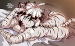 2018 anthro bed big_breasts black_body black_fur black_hair blue_eyes blush bodily_fluids born_of_itheriont breast_squish breasts butt english_text felid female fur furniture hair inside kawa-v lying lying_on_breasts mammal miia_disain multicolored_hair nude on_front one_eye_closed pantherine question_mark short_hair solo squish stripes tears text tiger two_tone_hair white_body white_fur white_hair