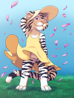 anthro black_stripes cheek_tuft clitoris clothed clothing day dress facial_tuft female front_view fur genitals grass hand_behind_head hat headgear headwear inner_ear_fluff looking_at_viewer no_underwear outside petals plant purple_eyes solo standing stripes summer sundress tuft upskirt vulva white_body white_fur wind yellow_clothing yellow_dress young young_anthro young_female sogaroth felid mammal pantherine tiger absurd_res hi_res