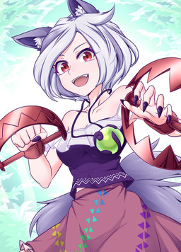 3_tails bear_trap bottomwear breasts clothed clothed_female clothed_humanoid clothing collarbone colored_nails female fingernails fist hair inner_ear_fluff jewelry looking_at_viewer multi_tail nails necklace open_mouth open_smile purple_clothing purple_fingernails purple_nails purple_shirt purple_topwear red_eyes sharp_fingernails sharp_nails shirt skirt smile solo tail topwear trap_(contrivance) tuft white_hair benizuwai touhou enoko_mitsugashira animal_humanoid canid canid_humanoid canine canine_humanoid humanoid mammal mammal_humanoid 2023 hi_res