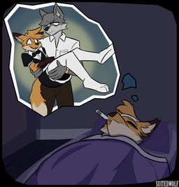 3_toes 5_fingers angry annoyed anthro bandage bed bed_covers bedding big_ears big_tail biped black_bow_tie black_clothing black_nose black_topwear bottomwear bow_tie brown_body brown_bottomwear brown_clothing brown_ear_tips brown_fur brown_nose brown_pants button_(fastener) carrying_another carrying_partner cheek_tuft clock clothed clothing collared_shirt crossdressing crossdressing_male digitigrade dipstick_ears dipstick_tail dream dress_shirt duo ear_markings eye_bags eye_contact eyebrow_through_hair eyebrows eyelashes eyes_closed facial_tuft fangs feet femboy fever fingers five_o'clock_shadow floor fur furniture gloves_(marking) gold_watch grey_body grey_fur grey_hair hair head_tuft humanoid_hands humor ill inside legwear looking_at_another looking_away lying lying_on_bed maid_uniform male male/male markings mattress mattress_on_floor mole_(marking) multicolored_ears on_bed open_mouth orange_body orange_ears orange_fur pants pillow pupils romantic romantic_couple scientific_instrument shirt sleeping slit_pupils snout tail tail_markings tail_tuft teeth temperature text thermometer thermometer_in_mouth thigh_highs thought_bubble toes topwear translucent translucent_hair tuft uniform wall_(structure) watch white_bandages white_body white_clothing white_eyes white_fur white_legwear white_sclera white_shirt white_tail_tip white_thigh_highs white_topwear wristwatch suitedwolfie balthy_(suitedwolfie) k_(suitedwolfie) canid canine canis fox mammal northwestern_wolf red_fox true_fox wolf 2026 artist_name digital_drawing_(artwork) digital_media_(artwork) hi_res shaded watermark