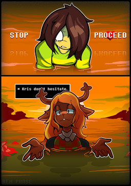 2_panel_comic ambiguous_gender anthro antlers biped blank_expression blonde_hair bodily_fluids brown_body brown_fur brown_hair buckteeth clothed clothing crying detailed_background duo eye_contact female fur hair hair_over_eye horn lake looking_at_another narrowed_eyes offering_hand partially_submerged red_eyes scared short_hair snowgrave speech_bubble sun sunset tears teeth text wide_eyed yellow_body yellow_skin rem_phase deltarune undertale_(series) kris_dreemurr noelle_holiday deer human mammal new_world_deer soul_(undertale) 2026 absurd_res artist_name comic digital_drawing_(artwork) digital_media_(artwork) english_description english_text hi_res