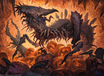 ambiguous_gender cave claws egg feral group multi_leg multi_limb size_difference solo_focus young svetlin_velinov hasbro magic:_the_gathering wizards_of_the_coast the_first_sliver sliver_(magic:_the_gathering) 2018 hi_res official_art traditional_media_(artwork)