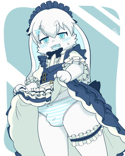 4_fingers anthro bangs blush bodily_fluids bottomwear bow_tie buckteeth bulge clothed clothing clothing_lift crossdressing detailed_bulge dress embarrassed eyebrows fingers fur genital_outline hair hair_between_eyes half-closed_eyes happy looking_at_viewer maid_uniform male narrowed_eyes open_mouth panties pattern_bottomwear pattern_clothing pattern_panties pattern_underwear penis_outline skirt skirt_lift solo striped_bottomwear striped_clothing striped_panties striped_underwear stripes sweat teeth underwear uniform white_body white_fur white_hair young young_anthro young_male pi_suke0a0 thuy lagomorph leporid mammal rabbit 2023 4:5 censored