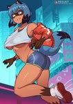 anthro blue_hair bottomwear breasts butt clothed clothing dolphin_shorts female footwear gloves_(marking) hair jacket leg_markings markings shirt shoes shorts socks_(marking) solo tank_top text topwear under_boob redjet00 brand_new_animal studio_trigger michiru_kagemori canid canine mammal raccoon_dog tanuki 2022 url