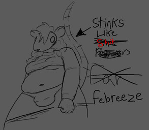 anthro bottomwear bottomwear_down bulge clothed clothing gynomorph intersex looking_down navel no_pupils panties raised_clothing raised_shirt raised_topwear shirt slightly_chubby smelly solo text topwear underwear warprat pepperrat mammal murid murine rat rodent english_text