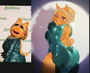 anthro butt clothing curled_tail curvy_figure dress female gem gloves green_clothing green_dress handwear jewelry light looking_at_viewer looking_back looking_back_at_viewer makeup mascara necklace pearl_(gem) pearl_necklace photo_reference rear_view revealing_outfit shadow solo sparkles spotlight tail voluptuous voluptuous_anthro voluptuous_female wardrobe_malfunction ziggy_lemon muppets miss_piggy domestic_pig mammal suid suine sus_(pig) hi_res lighting