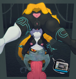 animal_genitalia animal_penis anus armor breasts butt canine_genitalia canine_penis clitoris clothing duo female fused_shadow genitals hair hair_hand headgear headwear heart_symbol helmet knot knotted_penis legs_in_air long_hair male markings multicolored_body nipples nude penis presenting presenting_hindquarters presenting_vulva prison shortstack shortstack_female simple_background small_breasts smug smug_grin spread_butt spread_legs spreading teasing teasing_viewer thick_thighs upside_down vein veiny_penis vulva kaliburr_advanced nintendo the_legend_of_zelda twilight_princess midna imp hi_res