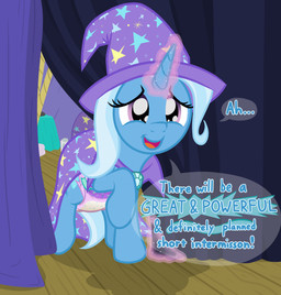 blue_body blue_mane bodily_fluids cape clothed clothing cutie_mark dialogue diaper diaper_under_clothing female feral genital_fluids hat headgear headwear horn magic_user mane purple_eyes quadruped soiled_diaper solo speech_bubble telekinesis text unclean_diaper urine used_diaper wearing_diaper wet_diaper wetness_indicator wizard_hat nitei friendship_is_magic hasbro my_little_pony mythology trixie_(mlp) equid equine mammal mythological_creature mythological_equine unicorn 2024 digital_drawing_(artwork) digital_media_(artwork) english_text hi_res