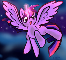 female feral flying glowing glowing_horn horn looking_at_viewer night sky smile smiling_at_viewer solo sparkles star starry_sky wings tatodragon friendship_is_magic hasbro my_little_pony mythology twilight_sparkle_(mlp) equid equine mammal mythological_creature mythological_equine winged_unicorn hi_res