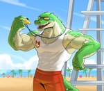 anthro claws clothed clothing countershade_arms countershade_face countershade_neck countershading fingers green_body lifeguard male muscular muscular_anthro muscular_male solo tail anjing_kampuss league_of_legends riot_games tencent pool_party_renekton renekton crocodilian reptile scalie hi_res