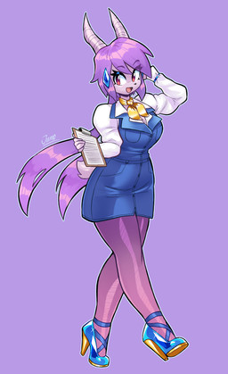 anthro clipboard clothed clothing female footwear hair high_heels kerchief looking_at_viewer neckerchief neckwear open_mouth open_smile purple_hair secretary shoes smile solo jamoart freedom_planet galaxytrail mythology sash_lilac dragon mythological_creature mythological_scalie scalie absurd_res hi_res