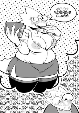anthro areola areola_slip big_areola big_breasts big_nipples blush bodily_fluids book breasts clothed clothing dialogue female holding_book holding_object huge_areola huge_breasts huge_nipples legwear navel nipples non-mammal_breasts non-mammal_navel non-mammal_nipples open_mouth open_smile overweight overweight_anthro overweight_female simple_background smile solo sweat text thick_thighs thigh_highs wide_hips box_chan undertale_(series) alphys dinosaur prehistoric_species reptile scalie 2025 english_text hi_res monochrome