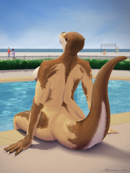 ambiguous_gender anthro ball beach big_butt blurred_background breasts brown_body brown_fur butt claws clothed clothing day exhibitionism eyes_closed featureless_breasts female fence fur fur_growth group growth hair membrane_(anatomy) mid_transformation net nude plant poolside public public_nudity raised_tail sand sea seaside shrub sitting snout snout_growth solo sport swimming_pool swimwear tail tail_growth thick_thighs transformation volleyball volleyball_(ball) volleyball_net walking water webbed_hands whiskers white_body white_fur wide_hips bangaa_(artist) human mammal mustelid otter hi_res signature
