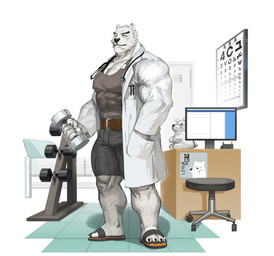 ^_^ abs anthro barazoku belt biceps black_bottomwear black_clothing black_footwear black_nose black_sandals black_shorts bottomwear brown_belt chart claws clothing coat coat_pocket computer desk doctor doctor's_office dumbbell dumbbell_row electronics eye_chart eyes_closed facial_hair finger_claws floor footwear forearm_muscles fur furniture goatee grey_clothing grey_shirt grey_tank_top grey_topwear hair hand_in_pocket holding_dumbbell holding_object lab_coat male medical_instrument monitor muscular muscular_thighs nipple_outline pecs plushie pockets sandals scientific_instrument shirt shoes shorts smile solo standing stethoscope stool table tank_top text tile tile_floor toe_claws topwear vein veiny_muscles weightlifting_belt weights white_body white_clothing white_coat white_fur white_hair white_topwear traver009 bear mammal polar_bear ursine 2025 absurd_res hi_res korean_text