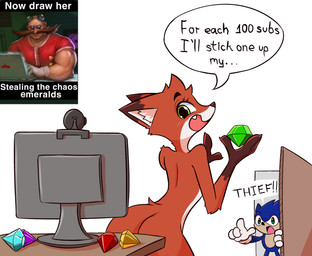 anthro blush camera computer dialogue electronics emerald_(gem) female furniture gem gloves_(marking) green_eyes humor male markings smile speech_bubble table text webcam jasminthemanticore totesfleisch8 now_draw_her_giving_birth sega sonic_the_hedgehog_(series) dixen_(jasminthemanticore) dr._eggman sonic_the_hedgehog canid canine eulipotyphlan fox hedgehog human mammal 2023 absurd_res english_text hi_res