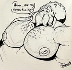 anthro big_moobs biped body_hair chest_hair dialogue male moobs nipples overweight overweight_anthro overweight_male pecs simple_background solo speech_bubble text uniparasite tyquid_(uniparasite) cephalopod coleoid marine mollusk octopodiform octopus english_text hi_res monochrome sketch traditional_media_(artwork)