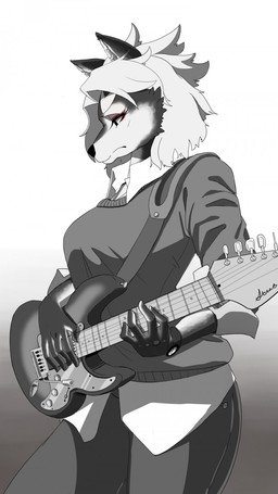 anthro biped bottomwear breasts clock clothed clothing denim denim_bottomwear denim_clothing electric_guitar female gradient_background guitar jeans looking_down musical_instrument pants playing_guitar playing_music plucked_string_instrument shirt simple_background solo standing string_instrument sweater topwear watch cakewasgood fender_musical_instruments_corporation stratocaster razorfang strat canid canine canis domestic_dog mammal 9:16 hi_res
