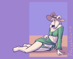 anthro beach bikini biped blush chastity_cage chastity_device clothed clothing crossdressing femboy feminine_pose flower genitals hand_on_hip hat headgear headwear looking_at_viewer lounging male male_anthro penis plant small_penis solo sun_hat swimwear two-piece_swimsuit dracozhilla deltarune undertale undertale_(series) asriel_dreemurr boss_monster_(undertale) bovid caprine goat mammal hi_res