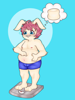 anthro bangs belly belly_squeeze belly_squish bodily_fluids buckteeth bulge candy clothing dessert floppy_ears food hair male marshmallow moobs nervous nervous_sweat nipples overweight overweight_male pink_hair slightly_chubby solo squish sweat teeth underwear weighing_scale weight_gain whiskers vicky_art joshie_(calahootheyeen) hare lagomorph leporid mammal rabbit 3:4 hi_res