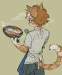 anthro apron belly blue_apron blue_clothing blue_eyes bottomwear clothing cookware ear_piercing food fried_egg fruit frying_pan fur hair highlights_(coloring) holding_object holding_pan kitchen_utensils male markings orange_body orange_fur orange_hair pants piercing plant rear_view salmon_(food) shirt short_hair slim solo spatula steam striped_body striped_fur striped_markings striped_tail stripes tail tail_markings tomato tools topwear wavy_hair whiskers white_belly white_clothing white_highlights white_shirt white_topwear luxjii domestic_cat felid feline felis mammal digital_media_(artwork) hi_res