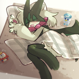 ambiguous_gender anthro bedding blanket blush claws fur green_body green_fur light_body light_fur open_mouth pawpads pillow pink_tongue sleeping solo tongue sstoh nintendo pokemon generation_9_pokemon meowscarada pokemon_(species) 1:1 2023 hi_res