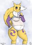 anthro belly big_belly cellphone clothing electronics female pajamas phone pregnant pregnant_anthro pregnant_female smile solo geckoguy123456789 gyro-furry bandai_namco digimon canid digimon_(species) mammal renamon hi_res