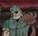 anthro body_hair brown_body clothes_pin clothing echo_(game) echo_(series) echo_project evening glowing glowing_eyes hat headgear headwear long_tail male mammal mr._bronson muscular muscular_male mustelid one_eye_visible otter pockets racingtime244 reaching_towards_viewer red_sky road road_sign shirt sign sky smile solo standing tail topwear undershirt whiskers