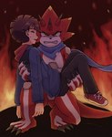 angry anthro carrying_another claws duo horn male red_body scarf yellow_eyes mstdndkkkkk bandai_namco digimon digimon_ghost_game hiro_amanokawa betelgammamon digimon_(species) human mammal