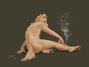 anthro ashtray brown_background brown_body butt cigarette holding_cigarette holding_object lit_cigarette looking_back male male_anthro nude_anthro nude_male pawpads paws rear_view simple_background sitting smoke solo contort_desire canid canine canis domestic_dog mammal 4:3 hi_res