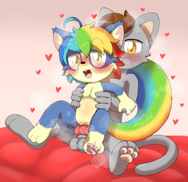 adult_on_young age_difference animal_genitalia animal_penis anthro balls bed belly biped black_nose blue_body blue_fur blush blush_lines brown_hair canine_genitalia canine_penis clitoris duo female female_penetrated fleshlight_position fur furniture genitals grey_body grey_fur grey_tail hair heart_symbol holding_another humanoid_genitalia humanoid_vulva lifted male male/female male_penetrating male_penetrating_female multicolored_hair multicolored_tail on_bed open_mouth pawpads paws penetration penile penile_penetration penis penis_in_vagina pink_background rainbow_hair rainbow_tail red_bed sex simple_background sitting sitting_on_bed size_difference tail tail_around_partner teeth tongue_showing vaginal vaginal_penetration vulva white_belly yellow_eyes young conditional_dnp frchpk minia_(augustus) tiberius_magnus domestic_cat felid feline felis mammal rodent sciurid tree_squirrel 2025 shaded