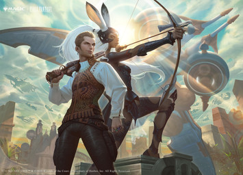 aircraft airplane armor arrow_(weapon) belt bottomwear bow_(weapon) brown_body brown_skin clothing cloud day digit_ring duo ear_piercing ear_ring female finger_ring gun hair headgear helmet holding_bow_(weapon) holding_gun holding_object holding_ranged_weapon holding_weapon jewelry male outside pants piercing plant ponytail ranged_weapon ring_piercing short_hair smile standing sun vehicle weapon white_hair arif_wijaya final_fantasy final_fantasy_xii hasbro magic:_the_gathering square_enix wizards_of_the_coast balthier fran_(final_fantasy) human humanoid lagomorph mammal viera 2025 absurd_res digital_media_(artwork) hi_res official_art