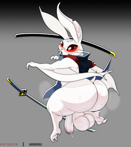 anthro backsack balls big_butt blush bodily_fluids butt claws flaccid fur genital_fluids genitals huge_butt katana long_ears male melee_weapon penis precum red_eyes shortstack shortstack_male solo sweat sword weapon white_body white_fur wings had0u metaphor:_refantazio heismay_noctule bat eugief mammal hi_res
